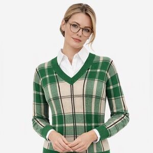 Tahari Green and Cream Plaid V-Neck Sweater